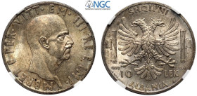 Albania, Italian Occupation WWII, Vittorio Emanuele III (1939-1943), 10 Lek 1939, Ag mm 27 g 10,00 FDC bella patina, in Slab NGC MS63