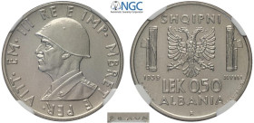 Albania, Italian Occupation WWII, Vittorio Emanuele III (1939-1943), Prova 0,50 Lek 1939, RRRR Pag-410 Ac mm 24 g 6,00 in Slab NGC MS64 (second best g...
