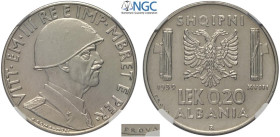 Albania, Italian Occupation WWII, Vittorio Emanuele III (1939-1943), Prova 0,20 Lek 1939, RRRR Pag-411 Ac mm 21,7 g 4,00 in Slab NGC MS64 (second best...