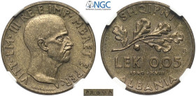 Albania, Italian Occupation WWII, Vittorio Emanuele III (1939-1943), Prova 0,05 Lek 1940, RRRR Pag-413 Cu mm 19,5 g 2,95 in Slab NGC MS63