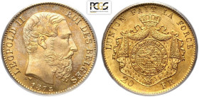 Belgium, Leopold II (1865-1909), 20 Francs 1875, Au mm 21 g 6,45 conservazione eccezionale, in Slab PCGS MS66
