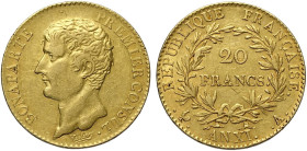France, Napoleon I (1799-1814), 20 Francs AN XI-A Premier Consul, Au mm 21 g 6,43 BB+