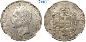 Greece, George I (1863-1913), 5 Drachmai 1875, Ag mm 37,5 g 25,00 in Slab NGC AU58