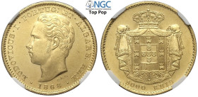 Portugal, Luiz I (1861-1889), 5000 Reis 1868, Au mm 24 g 8,87 conservazione eccezionale con fondi speculari, in Slab NGC MS65 PL (Top Pop!)