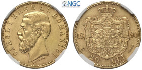 Romania, Carol I (1866-1914), 20 Lei 1890, Au mm 21 g 6,45 in Slab NGC AU58