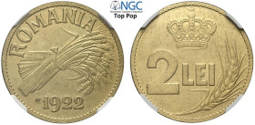 Romania, Ferdinand I (1914-1927), Brass Pattern 2 Lei 1922-HF, Medal rotation, plain edge, Sch&St-113-1.1, Cu mm 28, in Slab NGC MS62 (unique census a...