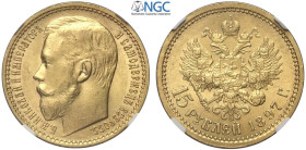 Russia, Nicholas II (1894-1917), 15 Roubles 1897 Narrow rim, Au mm 25 g 12,90 ottima conservazione, in Slab NGC MS62
