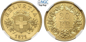 Switzerland, Confederation, Gold Pattern 20 Francs 1871, RRRR Varesi-634 (R4) KM-Pn17 HMZ-1225, Au mm 21 g 6,45, di eccezionale qualità, in Slab NGC P...