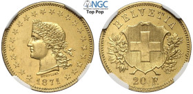 Switzerland, Confederation, Gold Pattern 20 Francs 1871, RRRR Varesi-635 (R4) KM-Pn19 HMZ-1226a, Au mm 21 g 6,45, di gran conservazione per il tipo, i...