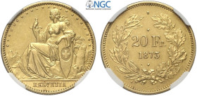 Switzerland, Confederation, Gold Pattern 20 Francs 1873 Angel head mintmark, RRR Varesi-636 (R3) KM-Pn24 HMZ-1228a, Au mm 21 g 6,45, in Slab NGC MS60