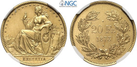 Switzerland, Confederation, Gold Pattern 20 Francs 1873 Without mintmark, RRRR Varesi-637 (R4) KM-Pn26 HMZ-1227, Au mm 21 g 6,45, in Slab NGC MS61 (se...