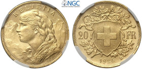 Switzerland, Confederation, 20 Francs 1926, Rara Au mm 21 g 6,45 di gran conservazione, in Slab NGC MS65