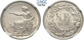 Switzerland, Confederation, 1/2 Franc 1850, Ag mm 18 g 2,50 conservazione eccezionale, in Slab NGC MS66 (Top Pop!)