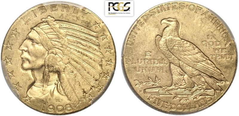 United States of America, 5 Dollars 1908-D Denver, Au mm 21,6 g 8,36 in Slab PCG...