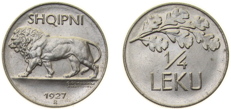 Albania First Republic 1927 R ¼ Leku (Prova) Nickel Rome Mint (50) 4g BU KM Pr17...