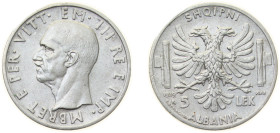 Albania Italian occupation 1939 R 5 Lek - Vittorio Emanuele III (Prova) Silver (.835) Rome Mint (50) 5g AU KM Pr62