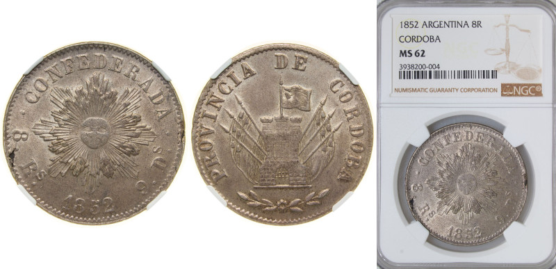 Argentina Córdoba Confederate Province 1852 8 Reales Silver (.750) 27g NGC MS 62...