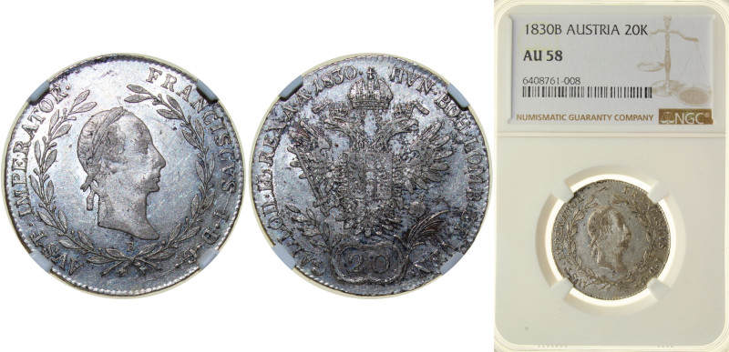 Austria Empire 1830 B 20 Kreuzer - Franz I Silver (.583) Kremnica / Körmöcbánya ...