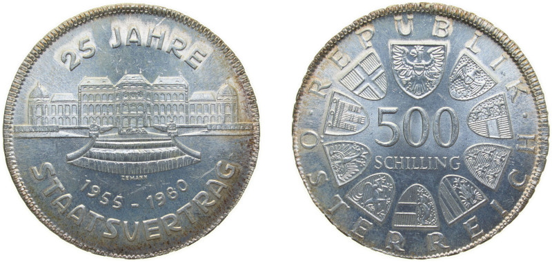 Austria Second Republic 1980 500 Schilling (Staatsvertrag) Silver (.640) (Copper...