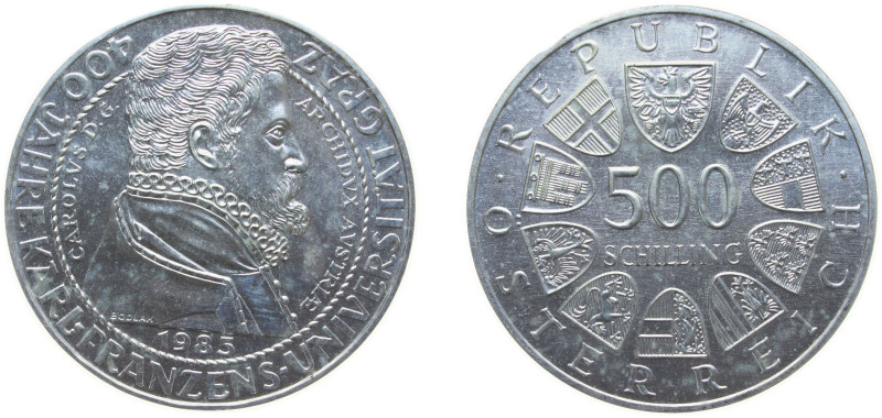 Austria Second Republic 1985 500 Schilling (Graz University) Silver (.925) (Copp...