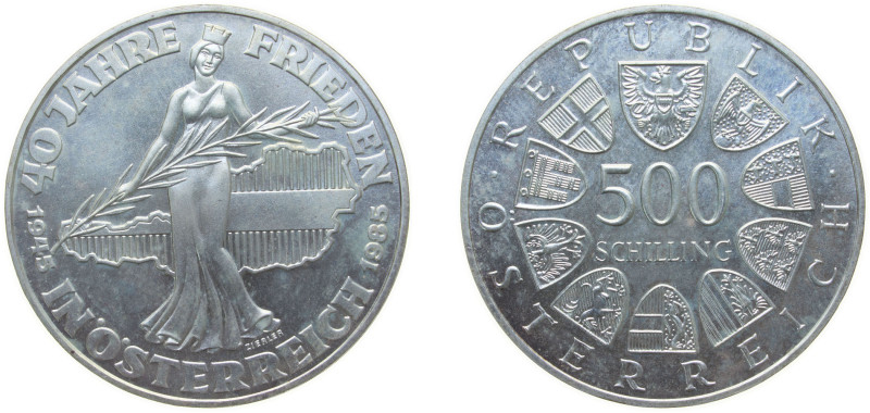 Austria Second Republic 1985 500 Schilling (Peace) Silver (.925) (Copper .075) V...