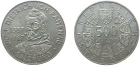 Austria Second Republic 1987 500 Schilling (Birth of Salzburg's Archbishop von Raitenau) Silver (.925) Vienna Mint (157600) 24g BU KM 2982