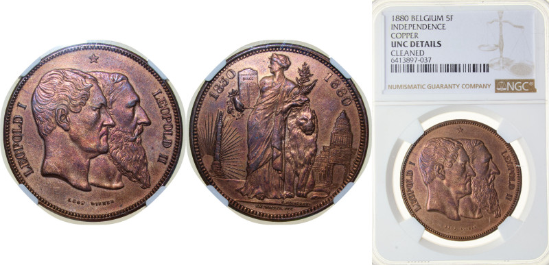 Belgium Kingdom ND (1880) 5 Francs - Léopold II (50 Years of Belgium) Copper Bru...