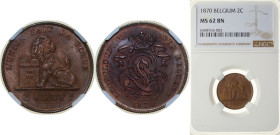 Belgium Kingdom 1870 2 Centimes - Léopold II (French text) Copper Brussels Mint (5653780) 4g NGC MS 63 BN KM 35.1 LA BFM-10 Schön 7
