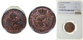Belgium Kingdom 1902 2 Centimes - Léopold II (French text) Copper Brussels Mint (2489877) 4g NGC MS64 BN Top Pop KM 35.1 LA BFM-10 Schön 7