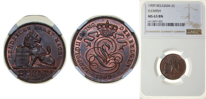Belgium Kingdom 1909 2 Centimes - Léopold II (Dutch text) Copper Brussels Mint (...