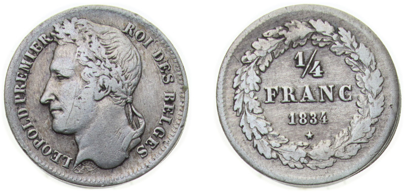 Belgium Kingdom 1834 ¼ Franc - Léopold I Silver (.900) (Copper 10%) Brussels Min...