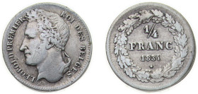 Belgium Kingdom 1834 ¼ Franc - Léopold I Silver (.900) (Copper 10%) Brussels Mint (752188) 1.25g VF Cleaned KM 8 LA BFM-51