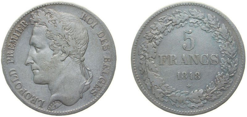 Belgium Kingdom 1848 5 Francs - Léopold I Silver (.900) (Copper 10%) Brussels Mi...