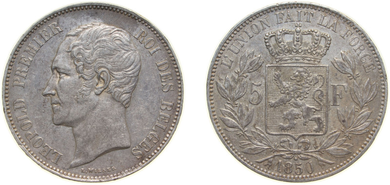 Belgium Kingdom 1850 5 Francs - Léopold I Silver (.900) (Copper 10%) Brussels Mi...