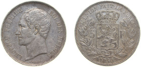 Belgium Kingdom 1850 5 Francs - Léopold I Silver (.900) (Copper 10%) Brussels Mint 24.8g KM 17 LA BFM-126