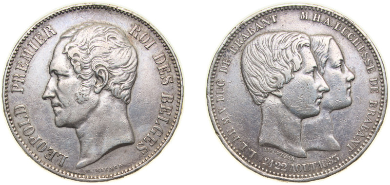 Belgium Kingdom 1853 5 Francs - Léopold I (Marriage of The Duke) Silver (.900) B...