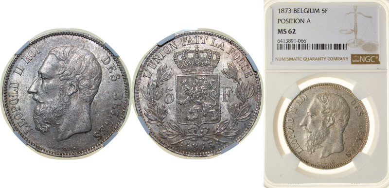 Belgium Kingdom 1873 5 Francs - Léopold II (small head) Silver (.900) Brussels M...