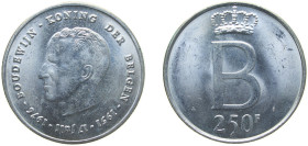Belgium Kingdom 1976 250 Francs - Baudouin I (25th Anniversary of Accession; Dutch text) Silver (.835) (Copper .165) Brussels Mint (1000000) 25g UNC K...