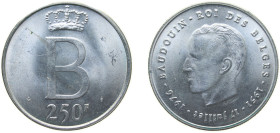 Belgium Kingdom 1976 250 Francs - Baudouin I (25th Anniversary of Accession; French text) Silver (.835) (Copper .165) Brussels Mint (1000000) 25g UNC ...