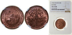 Bolivia Republic 1942 50 Centavos (Restrike） Brass (95% Copper, 5% Zinc) Philadelphia Mint (5317155) 5.1g NGC MS 65 RB KM 182a Schön 13