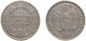 Bolivia Republic 1867 PTS FE 1 Boliviano Silver (.900) Potosi Mint 25.1g XF KM 152.1 KM 152.2