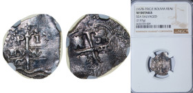 Bolivia Spanish colony 167? P C 1 Real - Carlos II Obverse : Clear Mintmark "P" at top left and Clear Mint Official's Initial "C" at bottom right Silv...