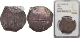 Bolivia Spanish colony 1670 P E 8 Reales - Carlos II Obverse: Clear Mintmark "P" at bottom right, Official's Initial "E" at bottom left; Reverse: Clea...