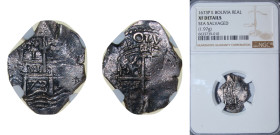 Bolivia Spanish colony 1673 P E 1 Real - Carlos II Obverse: Clear Date at bottom middle; Reverse: Clear Mint Official's Initial "E" at right Silver (....