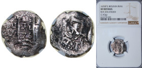Bolivia Spanish colony 1676 P E 1 Real - Carlos II Obverse: Clear Date at bottom Silver (.931) Potosi Mint 2.43g NGC XF Sea Salvaged KM 23