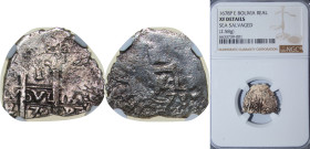 Bolivia Spanish colony 1678 P E 1 Real - Carlos II Obverse: Clear Mint Official's Initial "E" bottom Left, Clear Date at bottom Middle; Reverse: Clear...