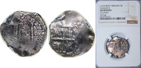 Bolivia Spanish colony 1679-1685 P V 2 Reales - Carlos II Obverse : Clear Mintmark "P" at bottom right and Mint Official's Initial "V" at top right Si...