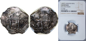 Bolivia Spanish colony 1683 P V 1 Real - Carlos II Obverse: Clear Mint Official's Initial "V" bottom Left, Clear Date at bottom Middle Silver (.931) P...