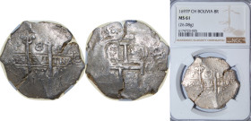 Bolivia Spanish colony 1697 P CH 8 Reales - Carlos II Obverse: Clear Mintmark "P" at top left, Clear Date at bottom middle Silver (.931) Potosi Mint 2...