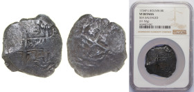 Bolivia Spanish colony 1734 P E 8 Reales - Philip V Obverse: Clear Date at bottom middle Silver (.917) Potosi Mint 21.52g NGC VF Sea Salvaged KM 31a K...